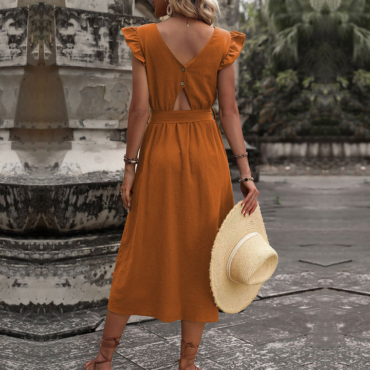Damen Midi-Kleid mit Rüschendetails und tailliertem Bindegürtel Drune