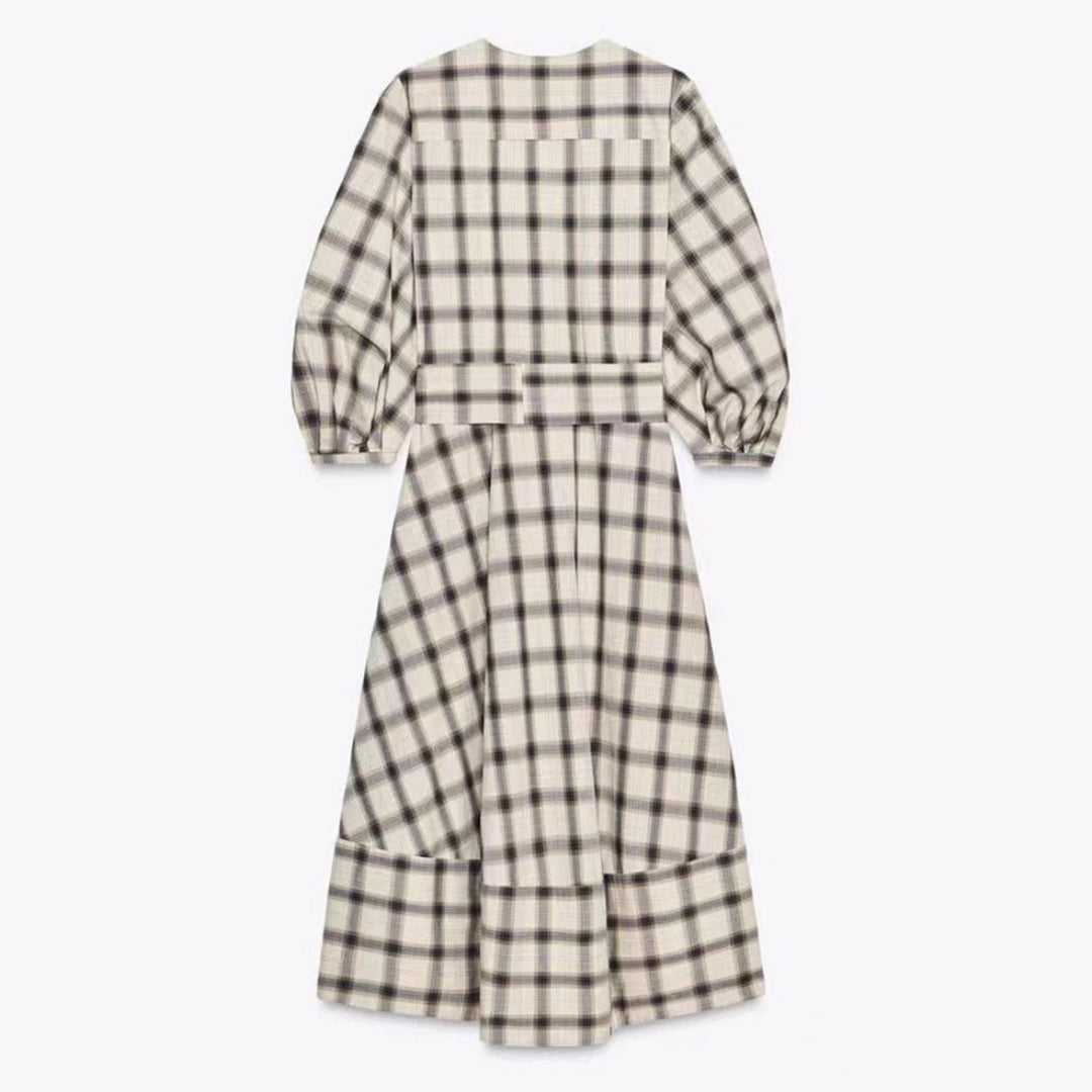 Damen nan kariertes Midikleid mit Ballonärmeln, Taillengürtel und Zierknopfleiste Drune
