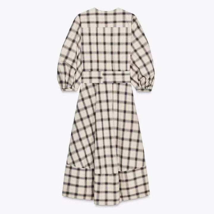 Damen nan kariertes Midikleid mit Ballonärmeln, Taillengürtel und Zierknopfleiste Drune