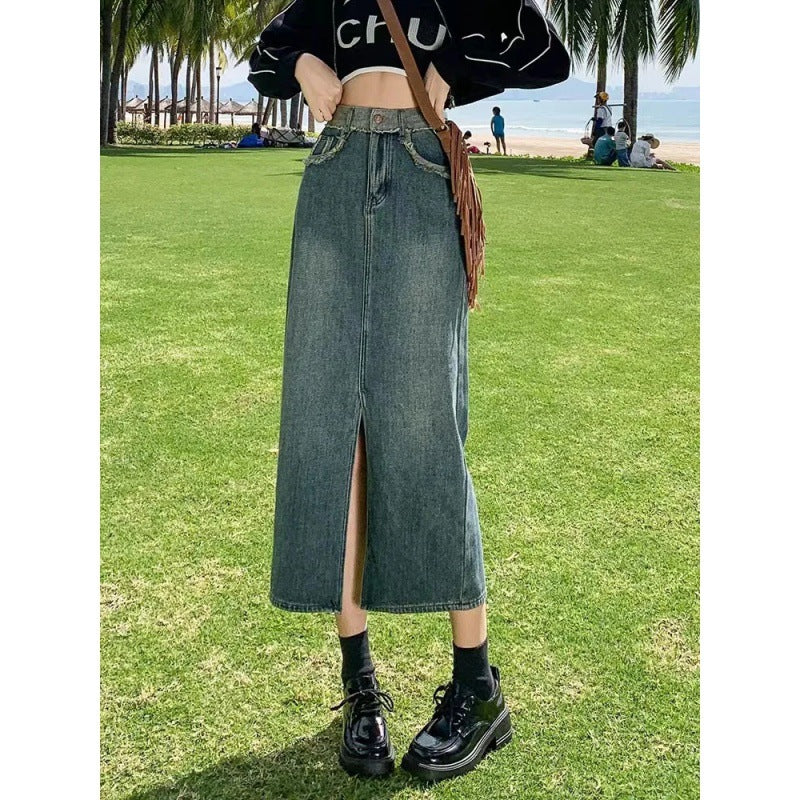 Damen Langer Denim-Rock mit hoher Teilung Drune