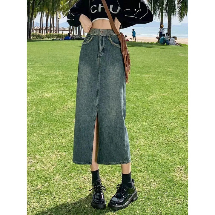 Damen Langer Denim-Rock mit hoher Teilung Drune