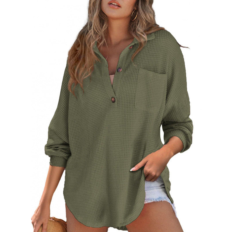 Damen lässiges Waffle-Shirt mit Stehkragen und Knopfleiste Drune