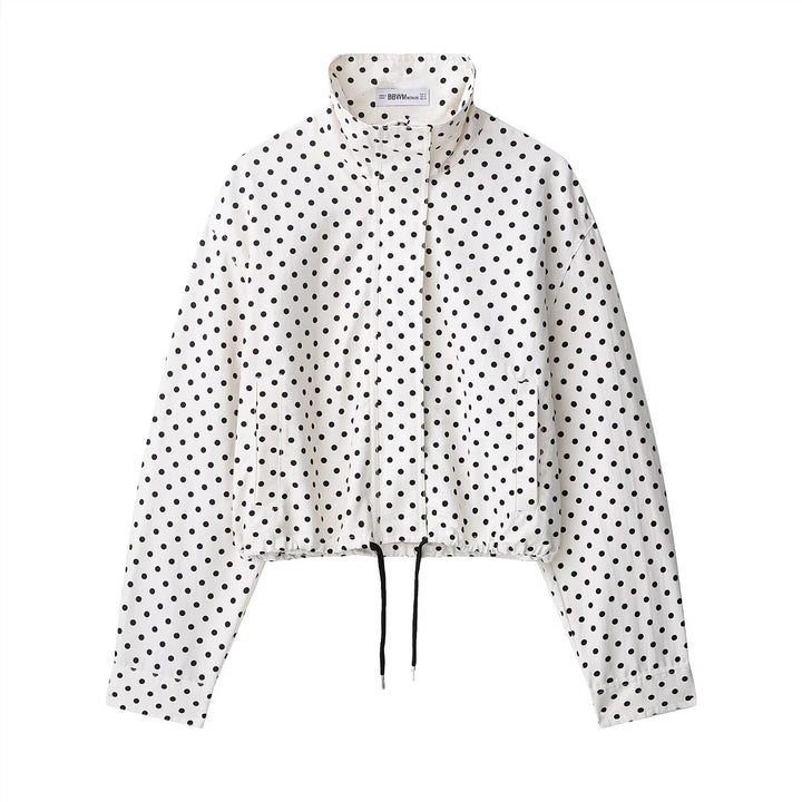 Damen Cropped-Übergangsjacke mit Polka-Dot, hohem Funnelkragen und Tunnelzug Drune