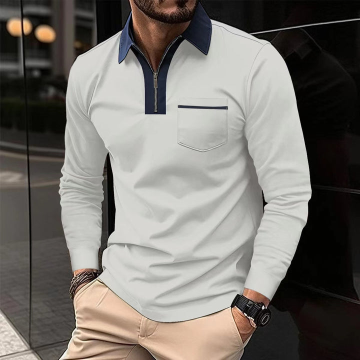 Herren Langarm-Poloshirt mit Halbzip, Kontrastkragen & Brusttasche Drune