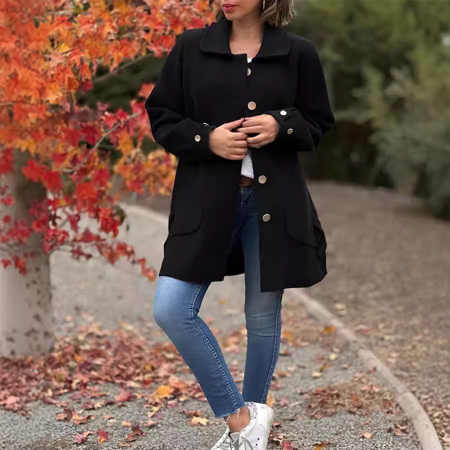 Damen Oversized Wollmantel mit dekorativen Knöpfen und großen Taschen Drune
