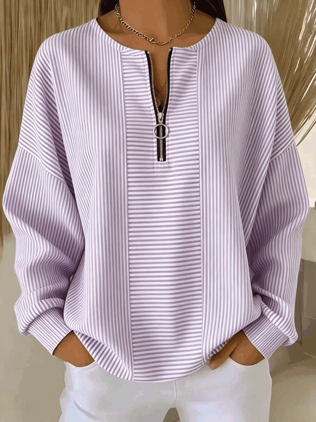Damen Oversize Pullover mit feiner Rippstruktur und kurzem Zipper Drune