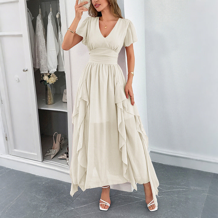 Damen Maxi-Kleid mit fließendem Rüschendesign und V-Ausschnitt Drune