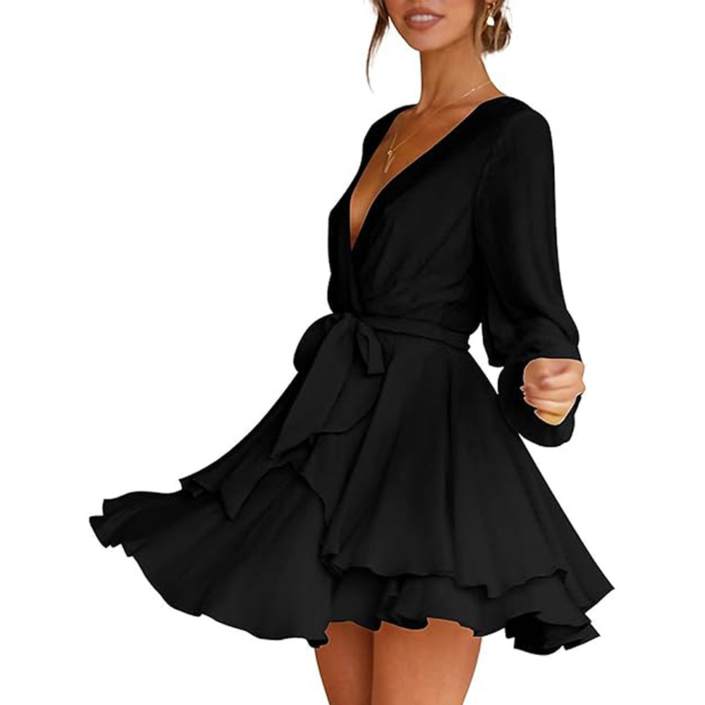 Damen gerafftes Wickelkleid mit tiefem V-Ausschnitt stufigem Volantrock und Bindegürtel Drune