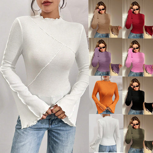 Damen Geripptes Langarmshirt mit Rüschen-Saum und Stehkragen Drune