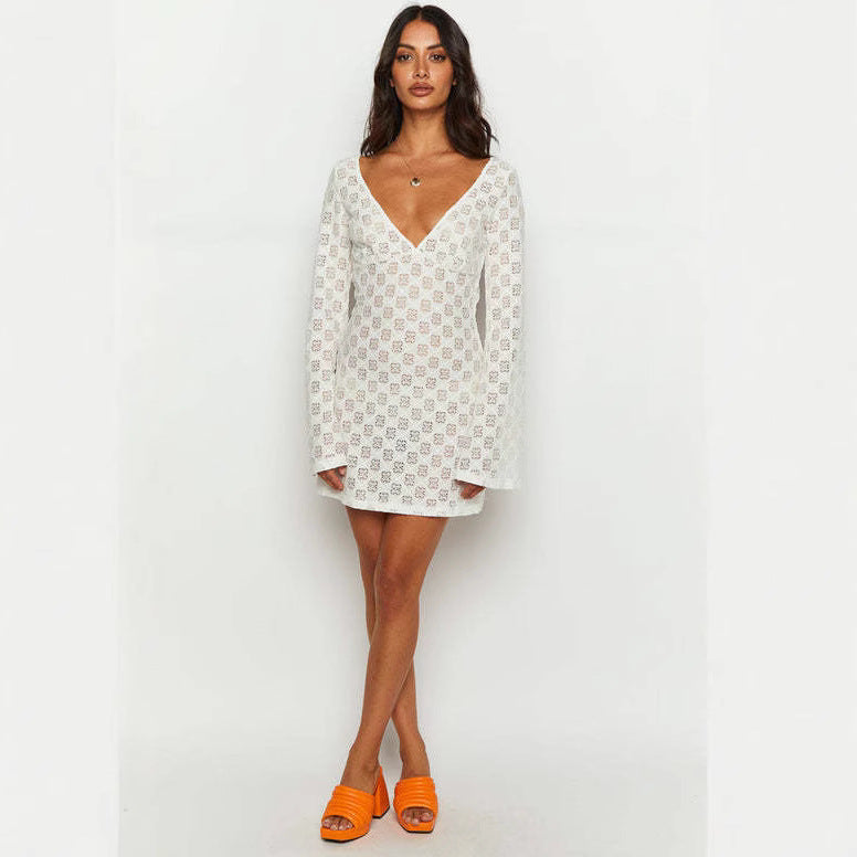 Damen Spitzen-Kleid mit V-Ausschnitt und langen Ärmeln Drune