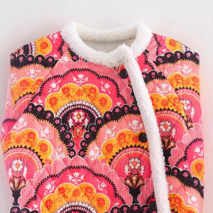 Damen gesteppte Jacke mit Teddyfutter und retro-inspiriertem Allover-Print Drune