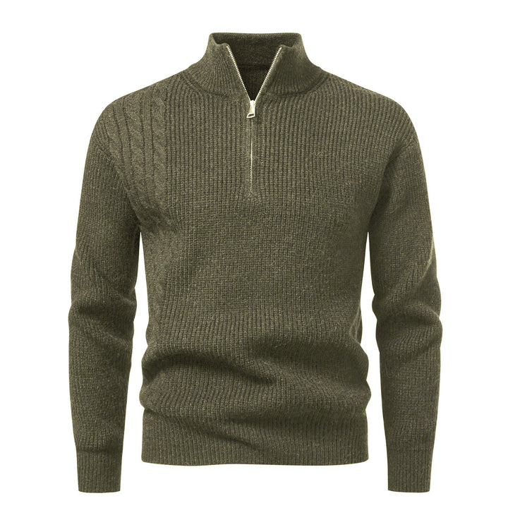 Herren Feinstrick-Halbzip-Pullover mit Stehkragen, Rippstruktur und Schulter-Zopfdetail Drune