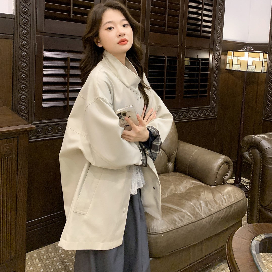 Damen Oversized Kurzmantel mit Stehkragen und kariertem Ärmelfutter Drune