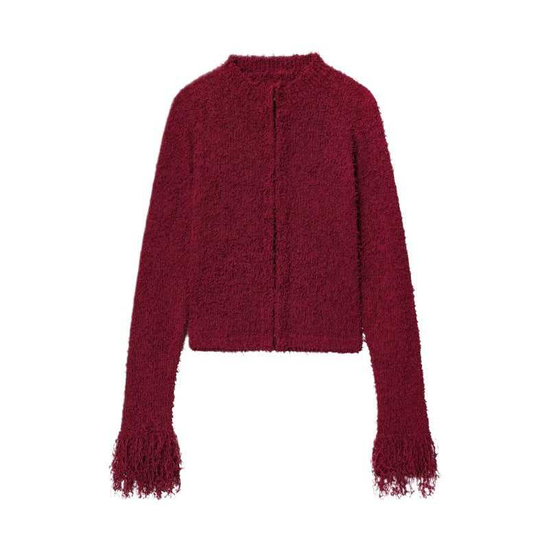 Damen kuschelige Strickjacke mit fransigen Ärmeln Drune