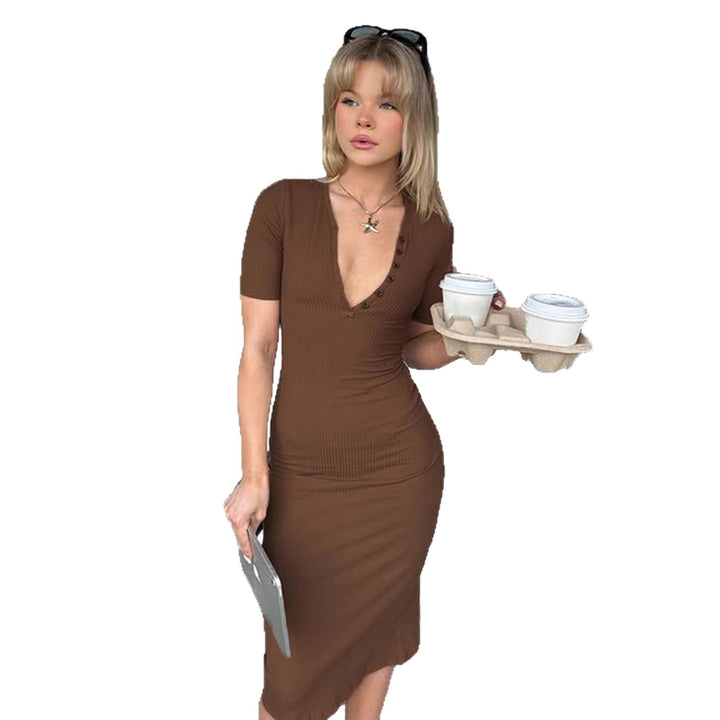 Damen figurbetontes Maxi-Kleid mit Knopfdetails und V-Ausschnitt Drune