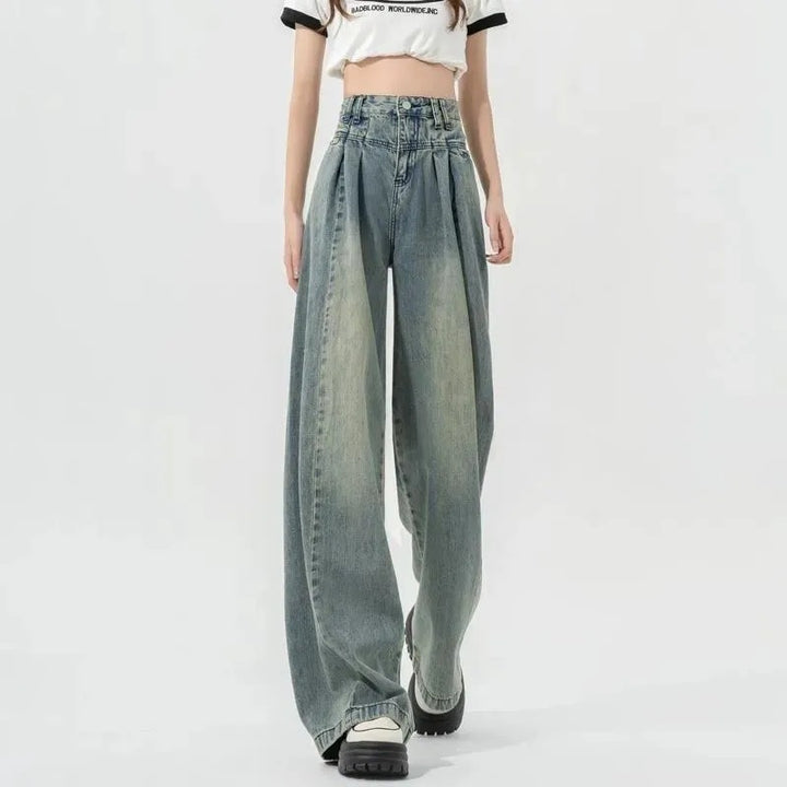 Damen Hochtaillierte Weite Jeans mit Falten Drune