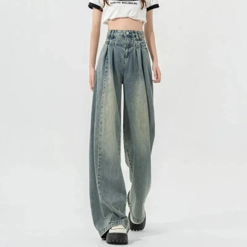 Damen Hochtaillierte Weite Jeans mit Falten Drune