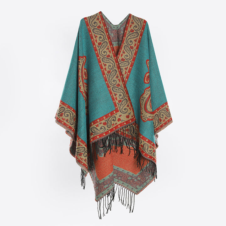Damen Oversize‑Wickelcape im Paisley‑Jacquard mit Fransen und V‑Ausschnitt Drune
