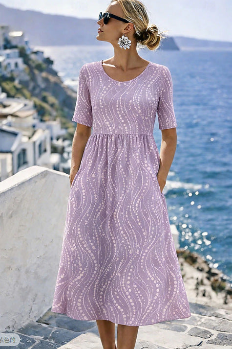 Damen Leichtes Midikleid mit Empire-Taille, halblangen Ärmeln und Eingrifftaschen Drune