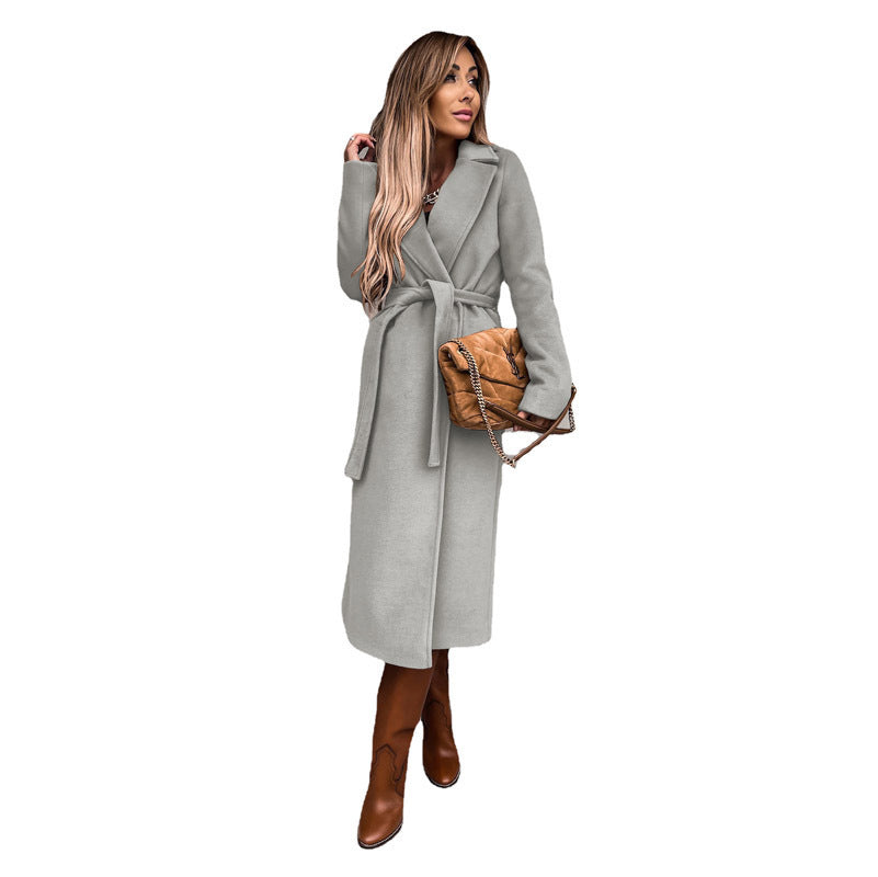 Damen eleganter lange Mantel mit Gürtel und hohem Kragen Drune