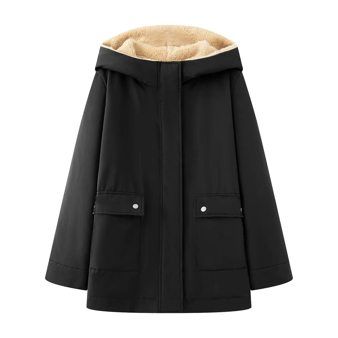 Damen nan gefütterte Kapuzenparka mit Teddyfutter, verdeckter Reißverschluss und großen Pattentaschen Drune