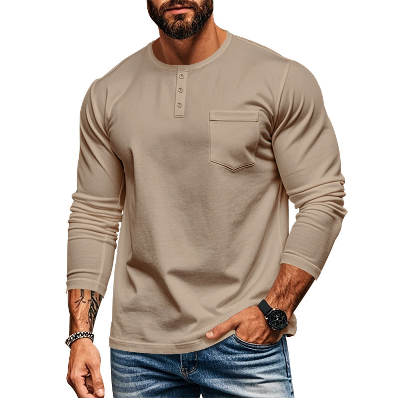 Herren nan schlankes Langarm-Buttonshirt mit kurzer Knopfleiste und Brusttasche Drune