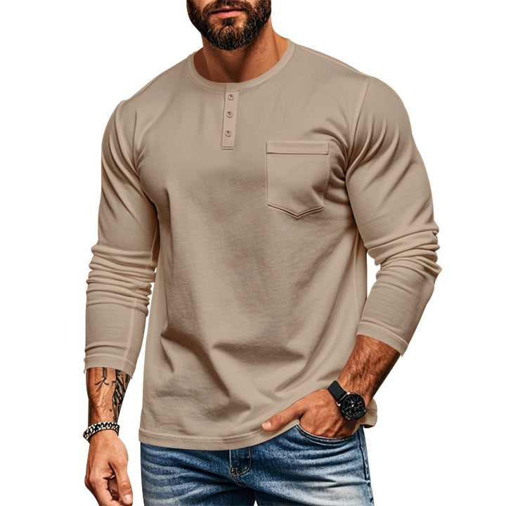 Herren nan schlankes Langarm-Buttonshirt mit kurzer Knopfleiste und Brusttasche Drune