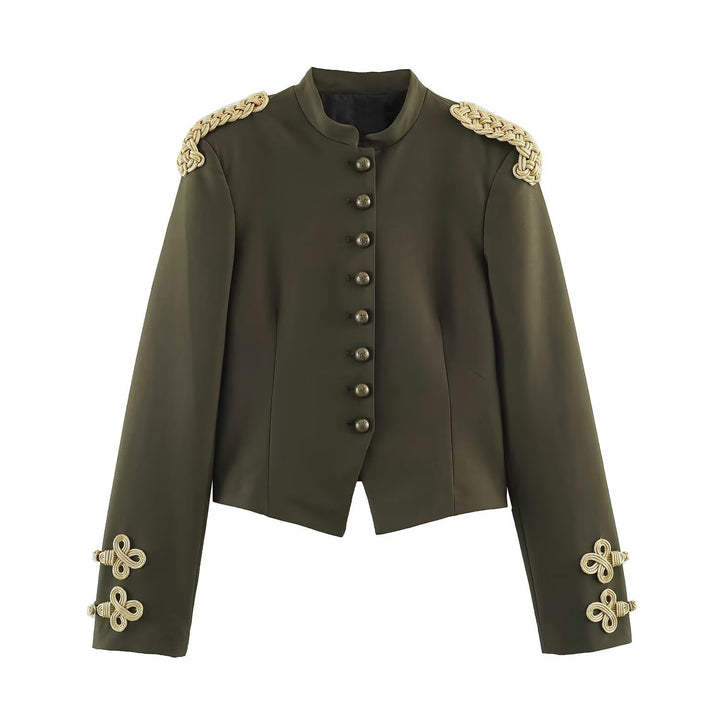 Damen Kurzer Militärblazer mit Stehkragen, goldverzierten Epauletten und dekorativen Knoten Drune