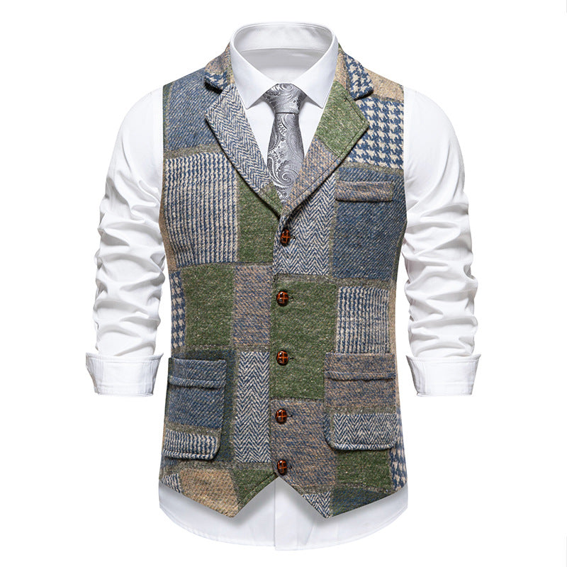 Herren nan Patchwork Weste mit Reverskragen Knopfleiste und aufgesetzten Taschen Drune