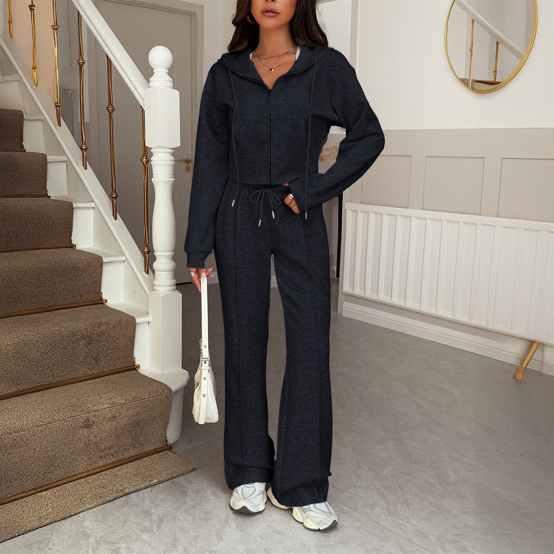 Damen nan kurzgeschnittenes Kapuzen-Sweatset mit Reißverschluss und hochtaillierter Schlaghose Drune