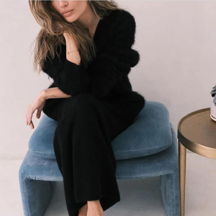 Damen kuschelige Strickjacke mit voluminösen Ärmeln und eleganten Knopfdetails Drune