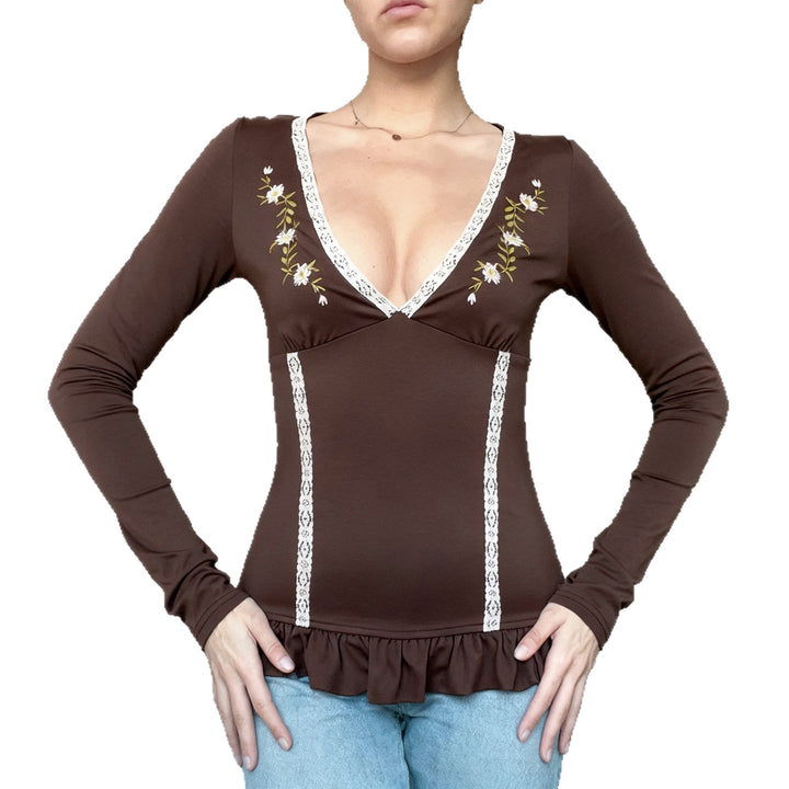 Damen Langärmeliges V‑Ausschnitt Shirt mit Spitzenbesatz, bestickter Brustpasse und Volantsaum Drune