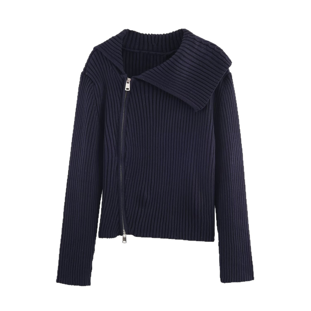 Damen modische Strickjacke mit breitem Kragen und asymmetrischem Reißverschluss Drune