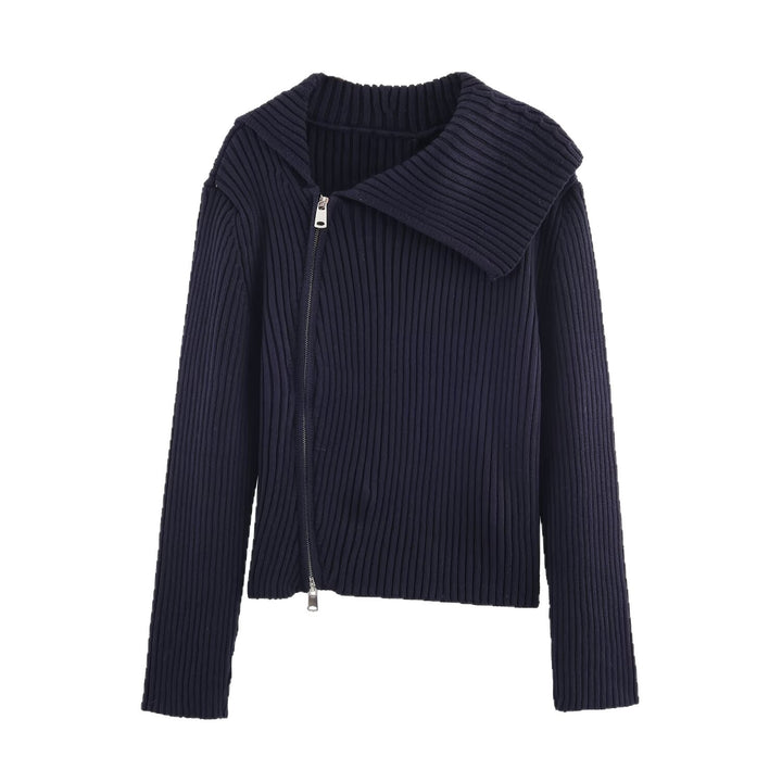 Damen modische Strickjacke mit breitem Kragen und asymmetrischem Reißverschluss Drune