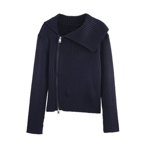 Damen modische Strickjacke mit breitem Kragen und asymmetrischem Reißverschluss Drune
