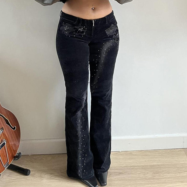 Damen Flared Cordhose mit floralem Design und Glitzerakzenten Drune
