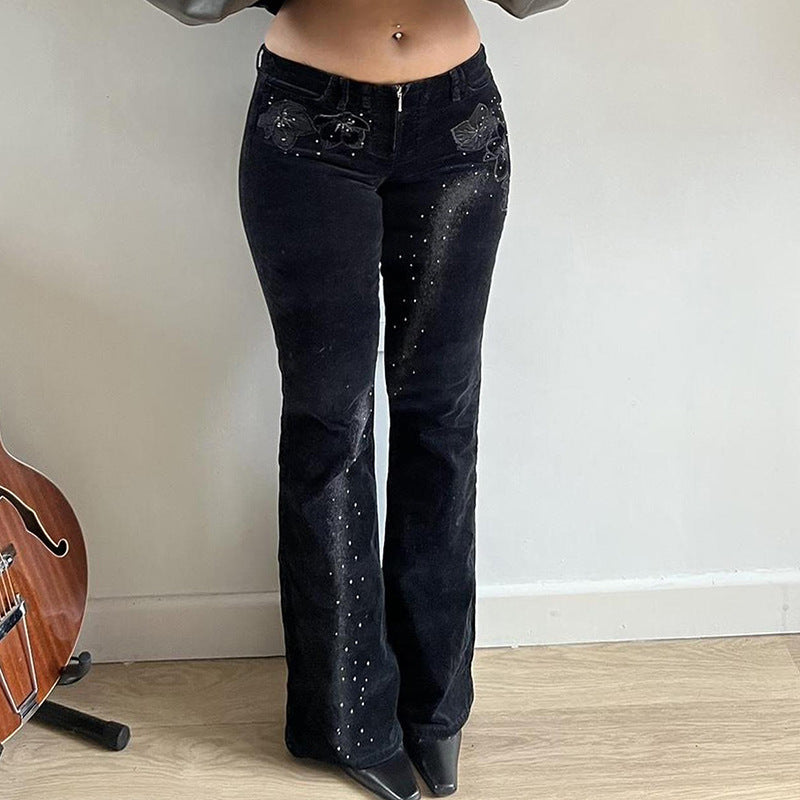 Damen nan ausgestellte Cordhose mit Glitzerstreifen und Blumenstickerei, hoher Bund Drune