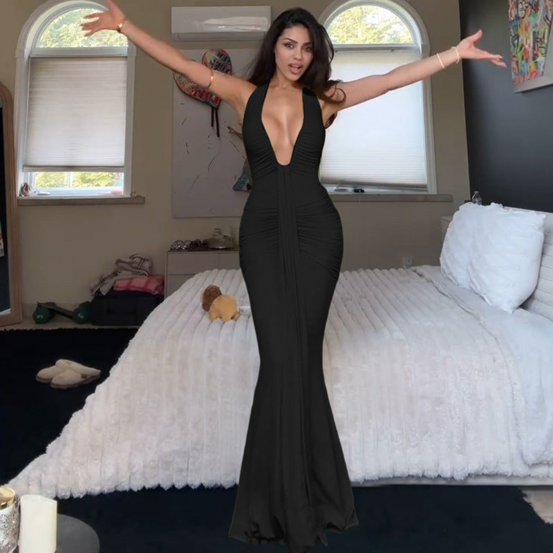 Damen Elegantes Maxikleid mit tiefem Ausschnitt und raffinierten Rüschendetails Drune