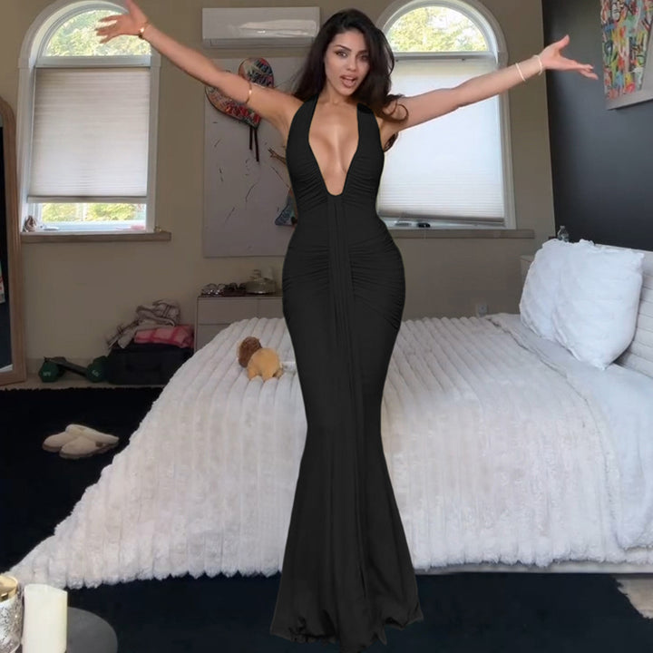 Damen Elegantes Maxikleid mit tiefem Ausschnitt und raffinierten Rüschendetails Drune