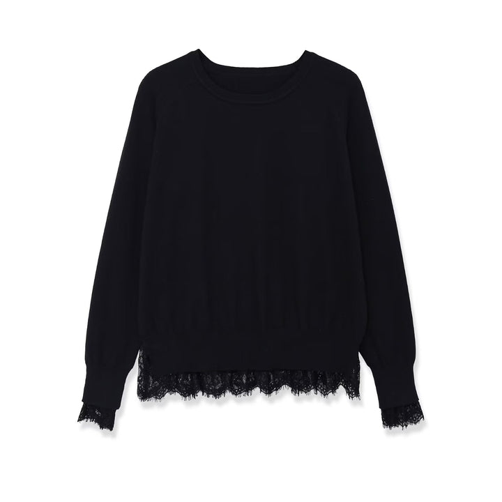 Damen Oversize Baumwollpullover mit Spitzenbesatz Drune
