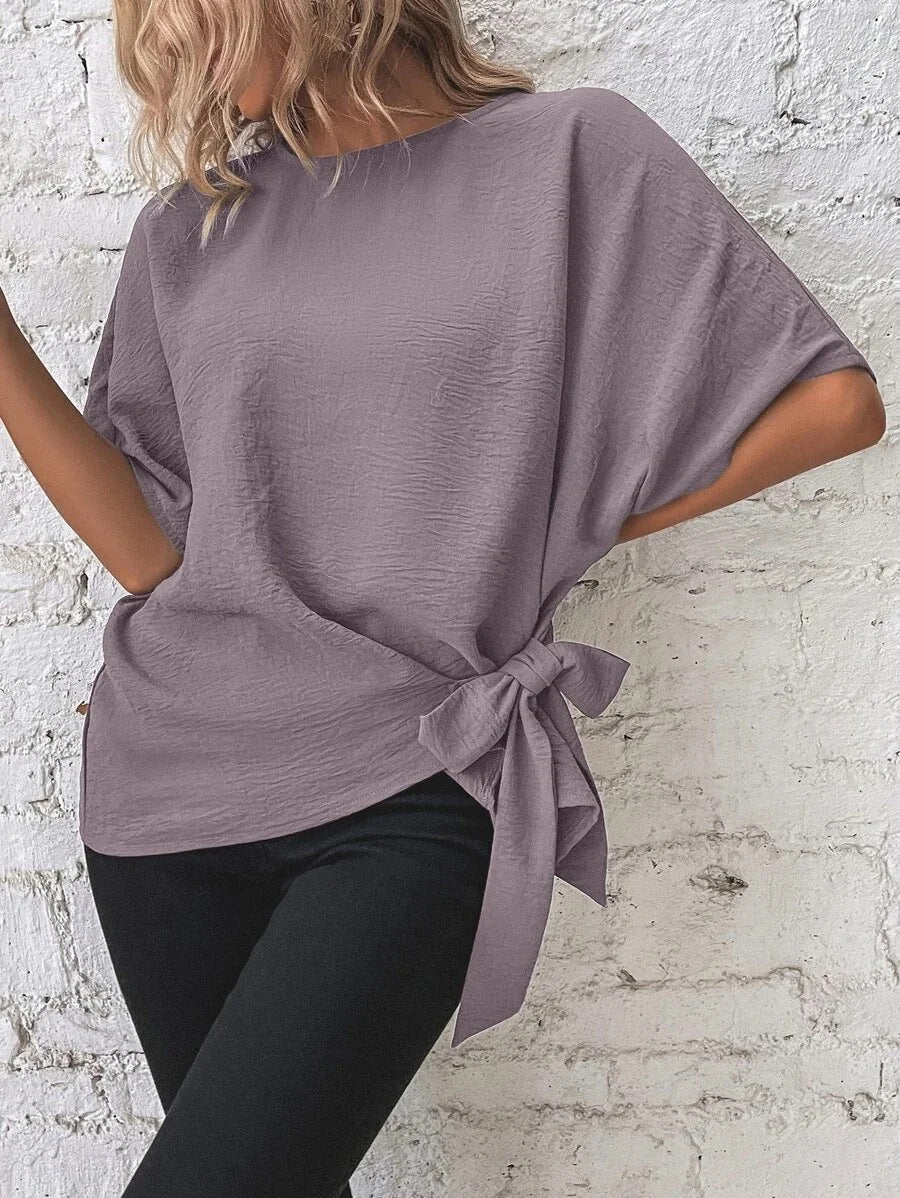 Damen Oversize-Bluse mit Seitenschleife und Fledermausärmeln Drune