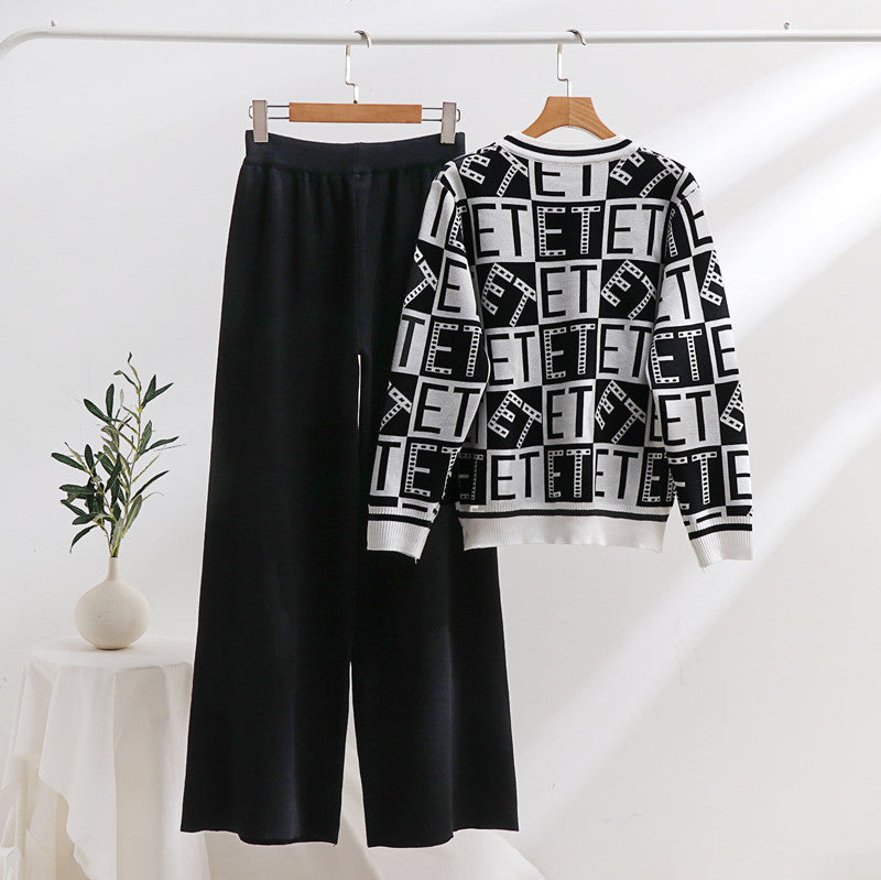Damen lässiges Strick-Loungewear-Set mit grafischem Muster und weitem Schnitt Drune
