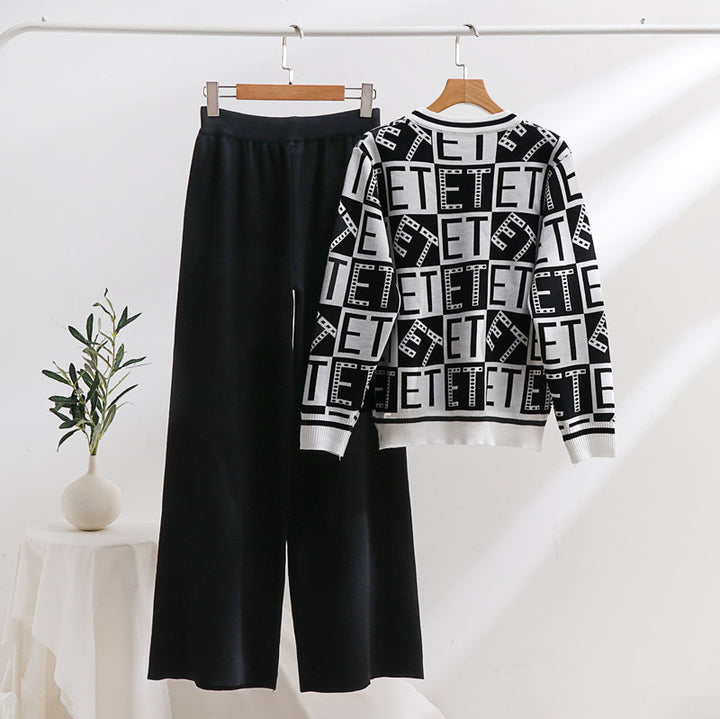 Damen lässiges Strick-Loungewear-Set mit grafischem Muster und weitem Schnitt Drune