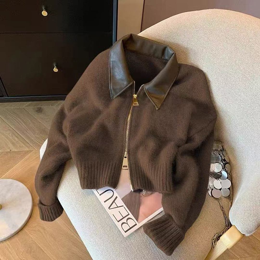 Damen nan kurz geschnittener Strickblouson mit Kunstlederkragen und goldfarbenem Metallreißverschluss Drune