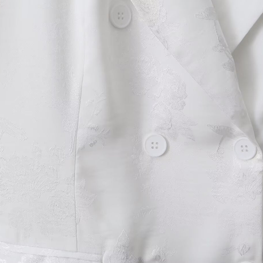 Damen Zweireihiger Satin-Blazer mit floralem Jacquardmuster und Pattentaschen Drune