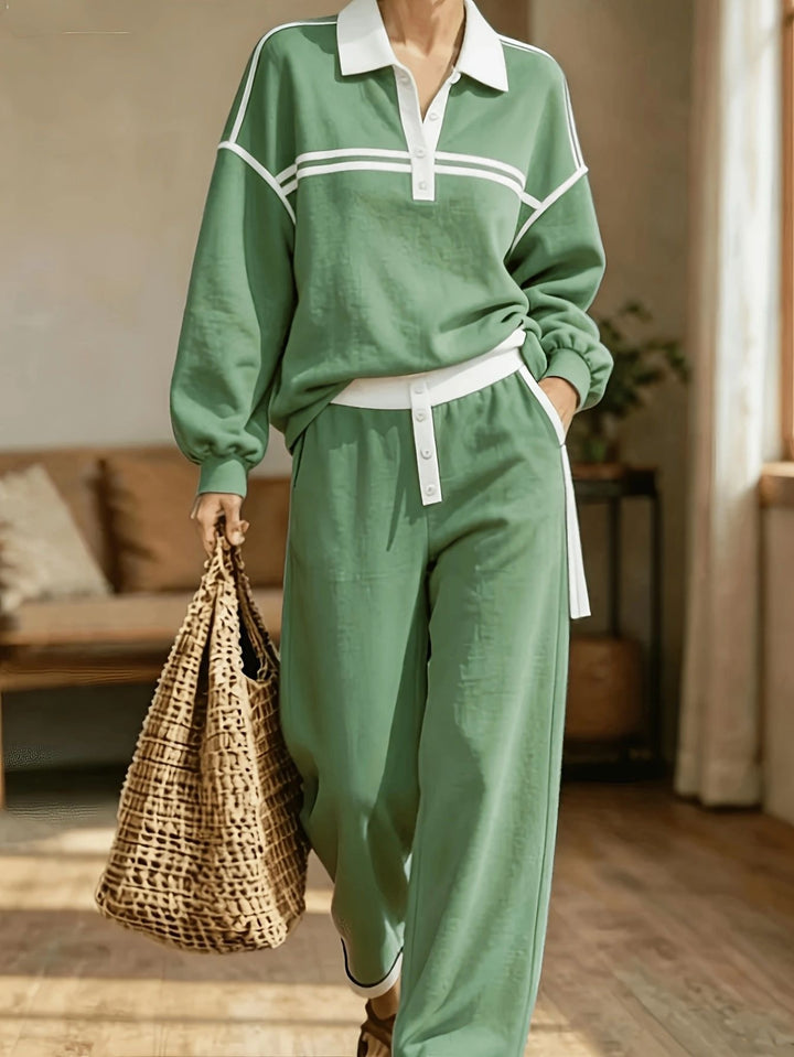 Damen Lounge-Set aus weichem Jersey mit Polokragen, Kontraststreifen und weiter Jogpant Drune