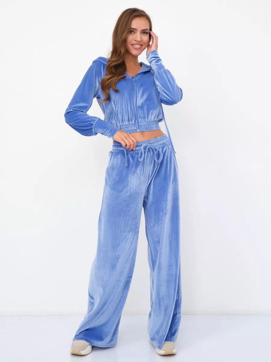 Damen luxuriöses Velours-Lounge-Set mit kurzem Reißverschluss-Hoodie und weitem Comfort-Hose Drune