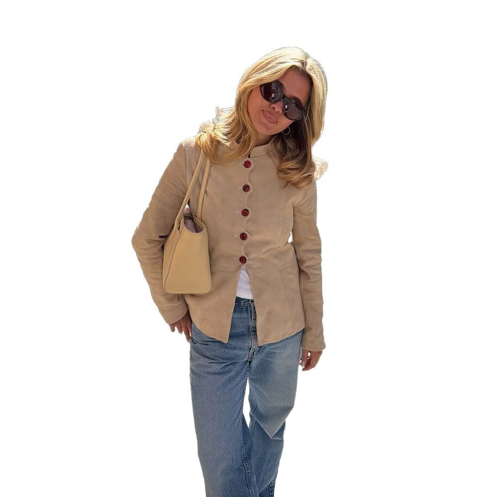 Damen Taillierter Wildleder-Blazer mit Stehkragen und Zierknöpfen Drune