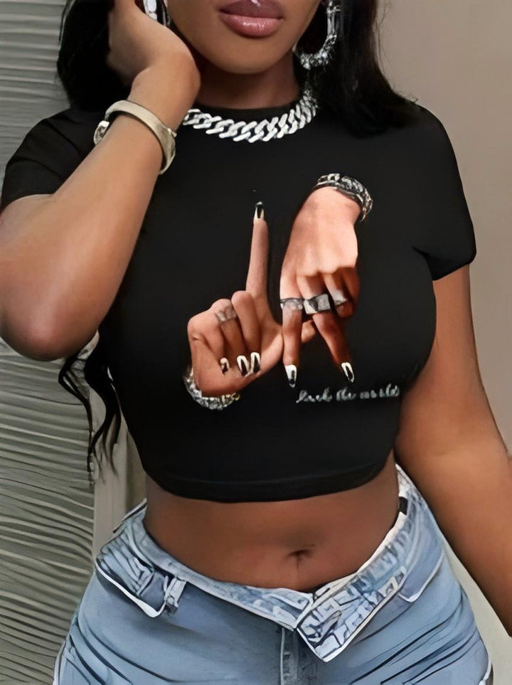 Damen Crop-Top mit künstlerischem Statement-Druck Drune