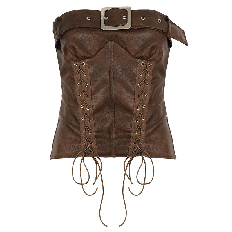 Damen Kunstleder-Corsage mit raffinierten Schnürdetails und dekorativem Gürtel Drune